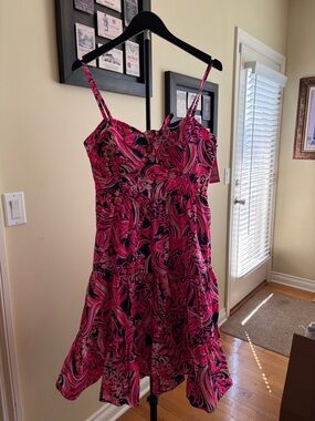 Lilly Pulitzer Hot Pink and Black Floral Sundress with Spaghetti Straps